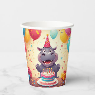 Adorable Hippo Celebrating Birthday with Cake Paper Cups
