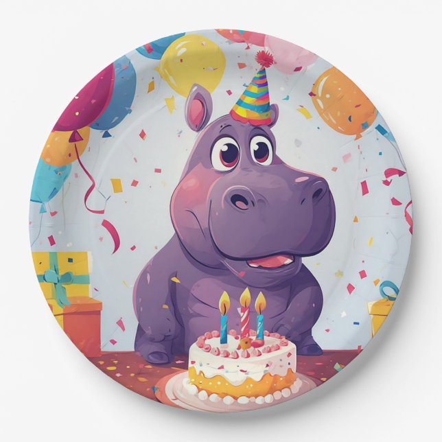 Adorable Hippo Celebrating Birthday with Cake Paper Plate (Front)