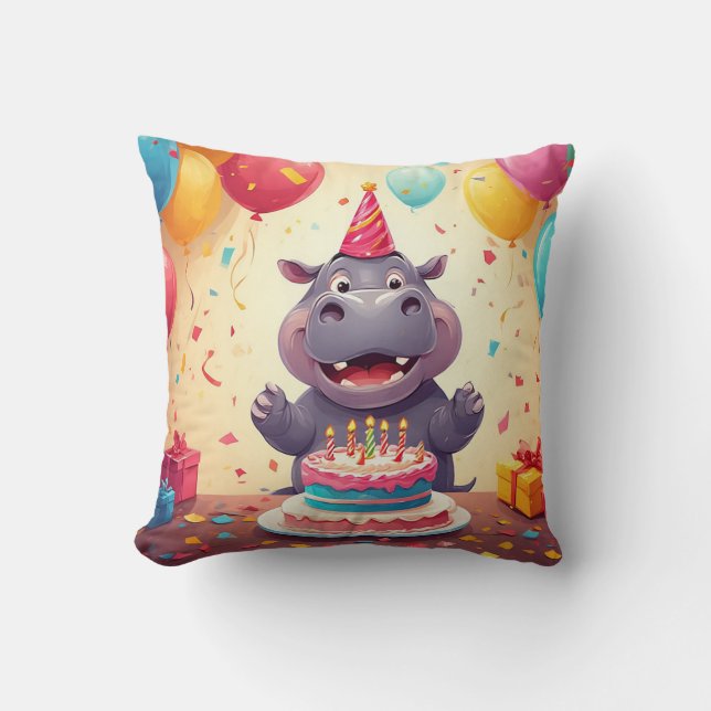 Adorable Hippo Celebrating Birthday with Cake Throw Pillow (Front)