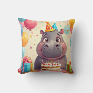 Adorable Hippo Celebrating Birthday with Cake Throw Pillow