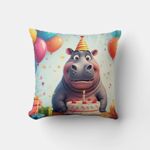 Adorable Hippo Celebrating Birthday with Cake Throw Pillow