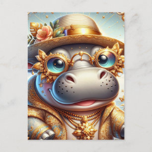 Adorable Hippo in Gold Bling Postcard