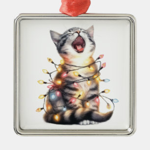 ADORABLE HOLIDAY CAT WITH CHRISTMAS LIGHTS METAL ORNAMENT