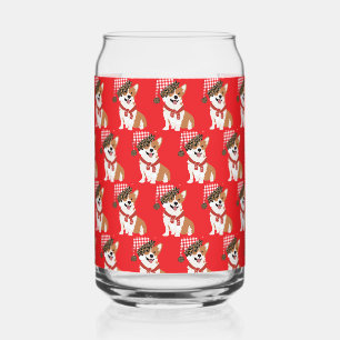 Adorable Holiday Puppy Wearing Christmas Santa Hat Can Glass