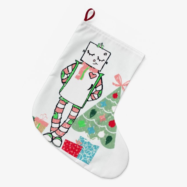 Adorable Holiday Robot, Tree, & Gifts Stocking (Front (Hanging))