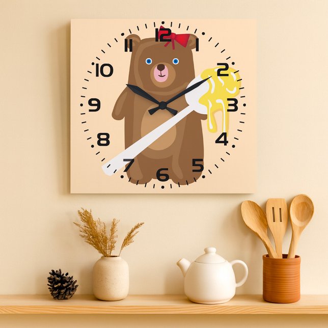 Adorable Honey Bear with Spoon And Red Bow  Large Clock (Creator Uploaded)