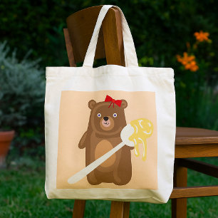 Adorable Honey Bear with Spoon And Red Bow Tote Bag