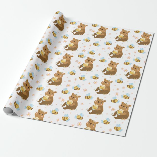 Adorable Honey Bears Wrapping Paper (Unrolled)