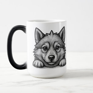 Adorable Husky Puppy Wood Engraving Style Magic Mug