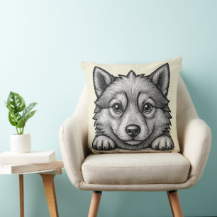 Adorable Husky Puppy Wood Engraving Style Throw Pillow