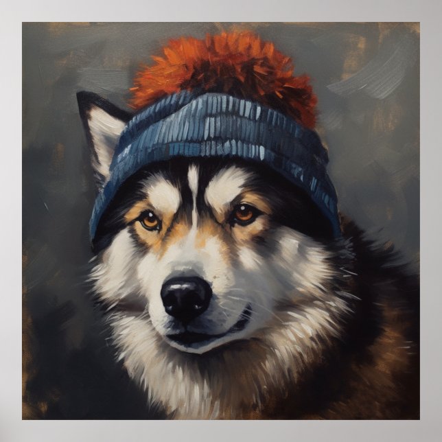 Adorable husky wearing cute winter hat  poster (Front)