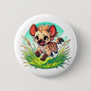 Adorable hyena is bounding through a field 2 inch round button