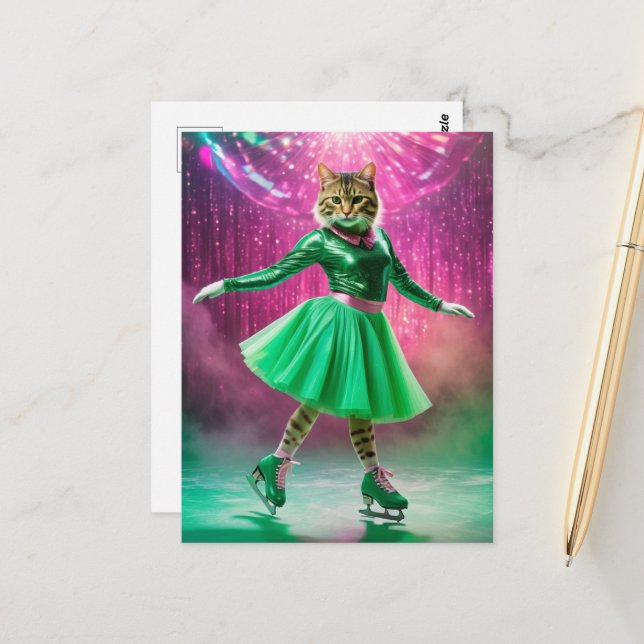 Adorable Ice Skating Cat in Green Postcard (Front/Back In Situ)