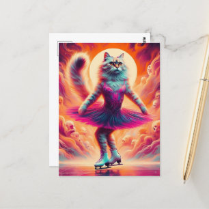Adorable Ice Skating Cat in Pink Postcard