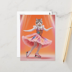 Adorable Ice Skating Cat in Pink Postcard