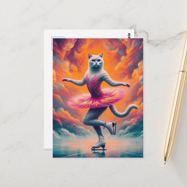 Adorable Ice Skating Cat Postcard (Front/Back In Situ)