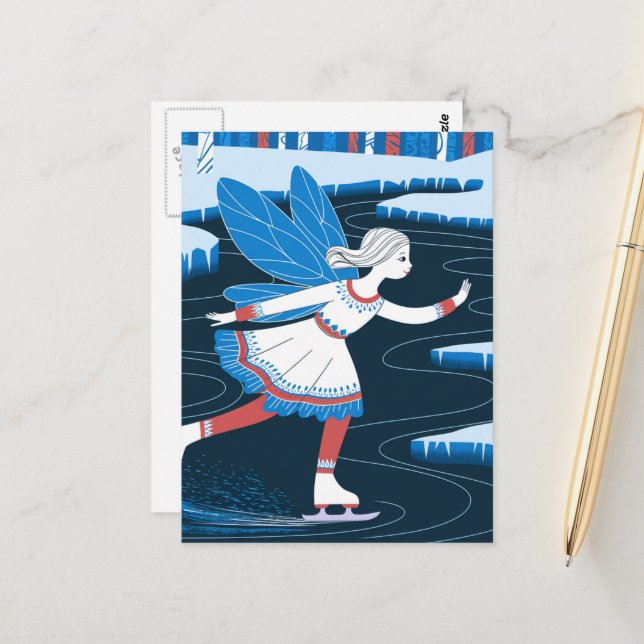 Adorable Ice Skating Fairy Icy Winter Pond Postcard (Front/Back In Situ)
