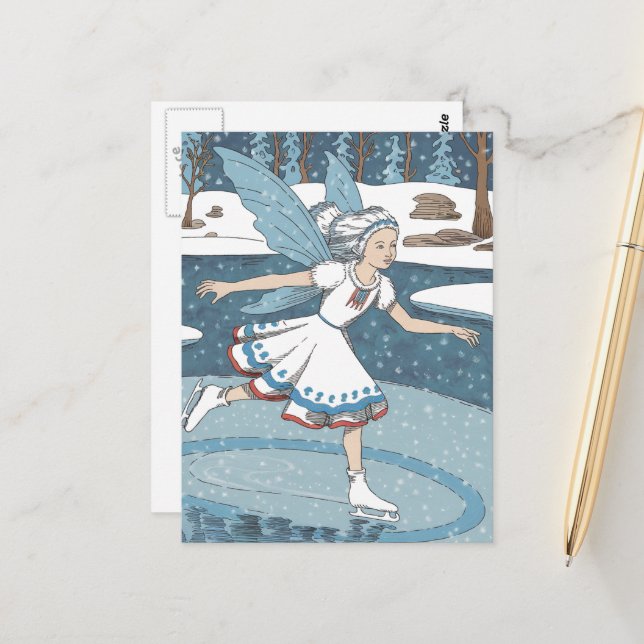 Adorable Ice Skating Fairy Snowy Winter Forest Postcard (Front/Back In Situ)