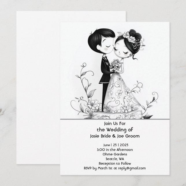 Adorable illustrated couple wedding invitation (Front/Back)