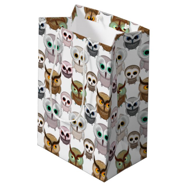 Adorable Illustrated Owls Pattern Medium Gift Bag (Back Angled)