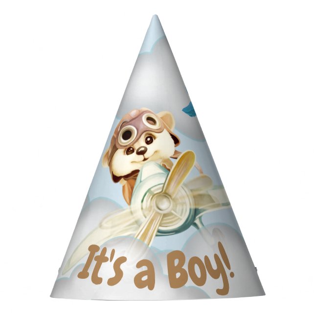 Adorable "It's a Boy!" Chipmunk flying an Airplane Party Hat (Front)