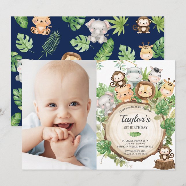 Adorable Jungle Safari Greenery 1st Birthday Photo Invitation (Front/Back)