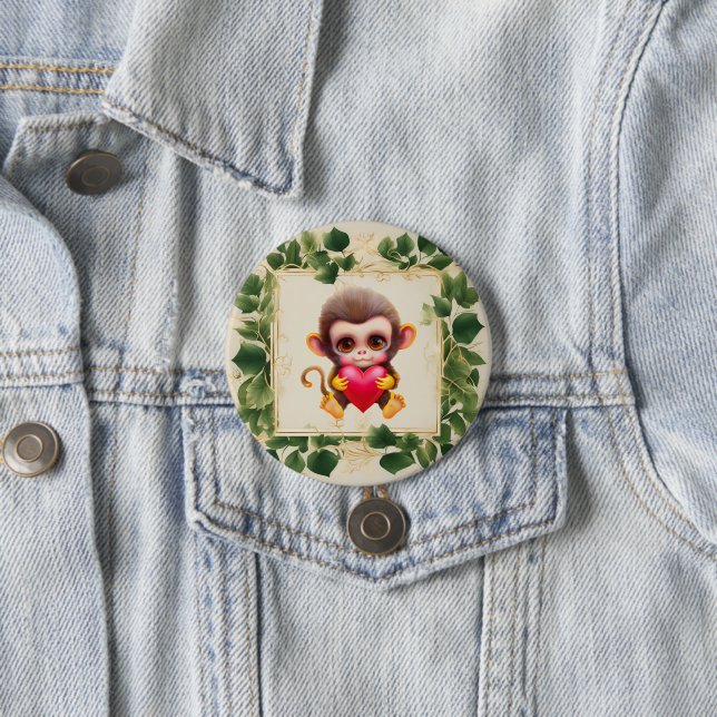 Adorable Jungle Valentine Monkey 3 Inch Round Button (In Situ)