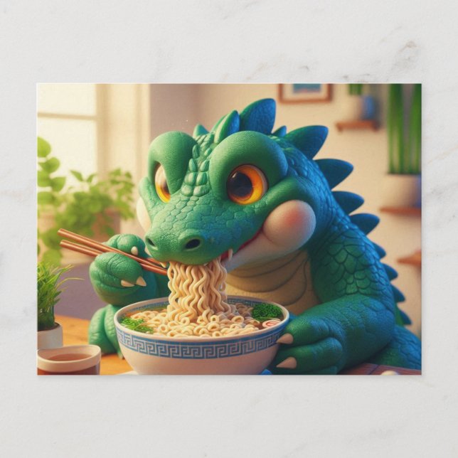 Adorable Kawaii Alligator Eating Ramen Postcard (Front)