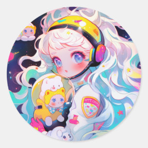 Adorable Kawaii Anime Girl in Space Classic Round Sticker
