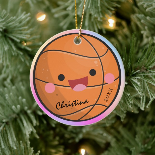 Adorable Kawaii Basketball Ball Player's Name Year Ceramic Ornament (Tree)