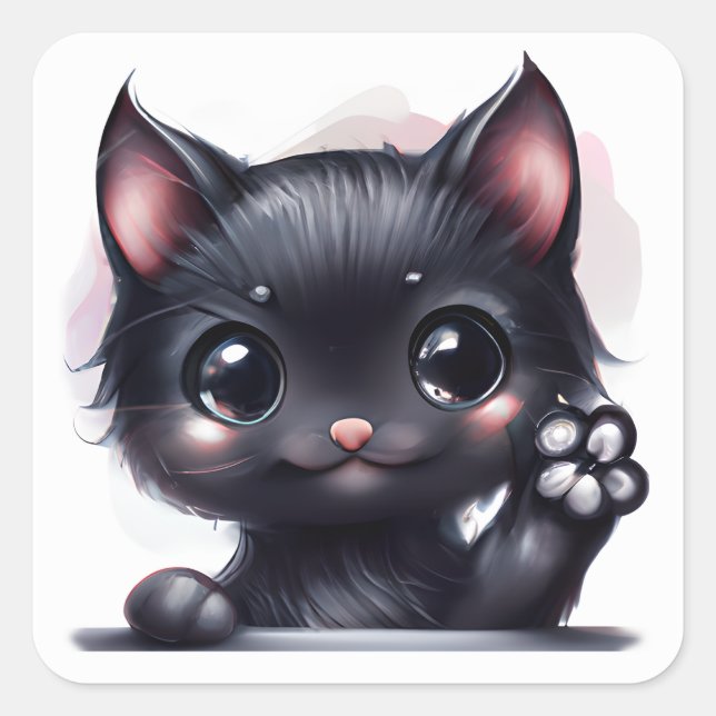 Adorable Kawaii Black Cat Square Sticker (Front)