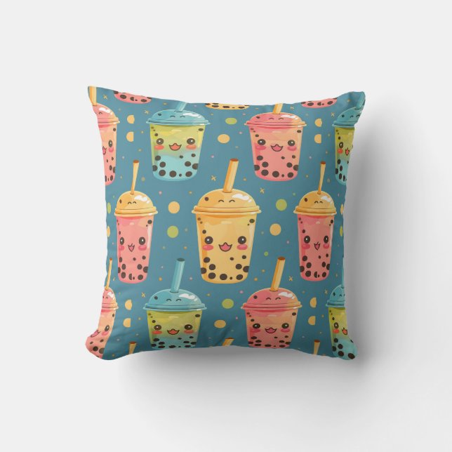 Adorable Kawaii Boba Drink Design Throw Pillow (Front)