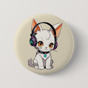 Adorable Kawaii Cat in Headphones 2 Inch Round Button
