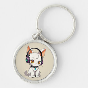 Adorable Kawaii Cat in Headphones Keychain