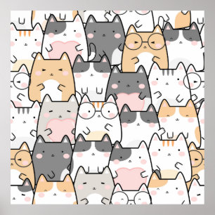 Adorable Kawaii Cats Pattern Poster