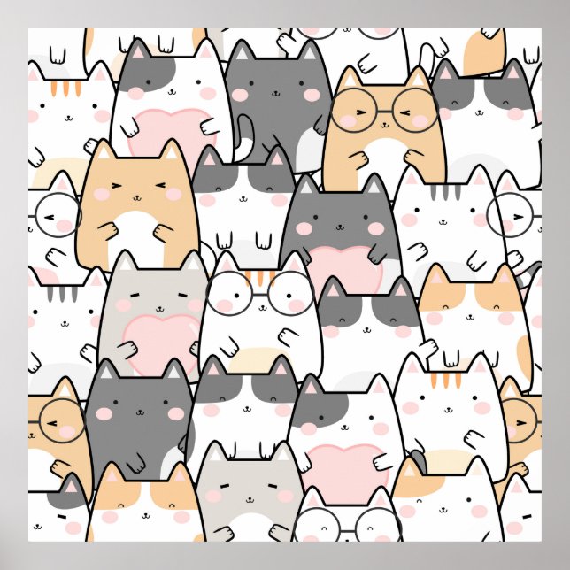 Adorable Kawaii Cats Pattern Poster (Front)