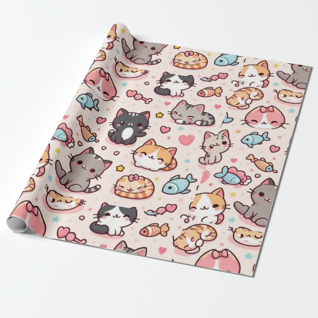 Adorable Kawaii Cats Pattern Wrapping Paper (Unrolled)