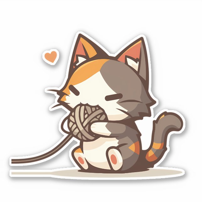 Adorable Kawaii Chibi Calico Cat Playing with Yarn (Front)