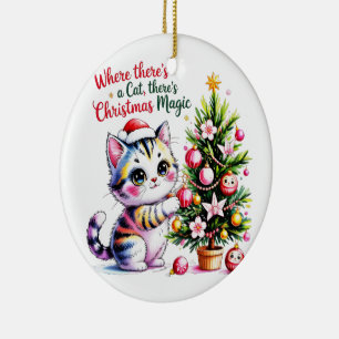 Adorable Kawaii Christmas Cat Personalized Holiday Ceramic Ornament
