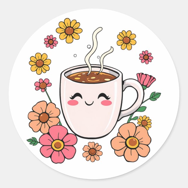 Adorable Kawaii Coffee Cartoon Classic Round Sticker (Front)