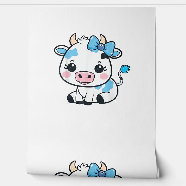 Adorable Kawaii Cow with Cherry and Bow Design  Wallpaper (Unrolling)