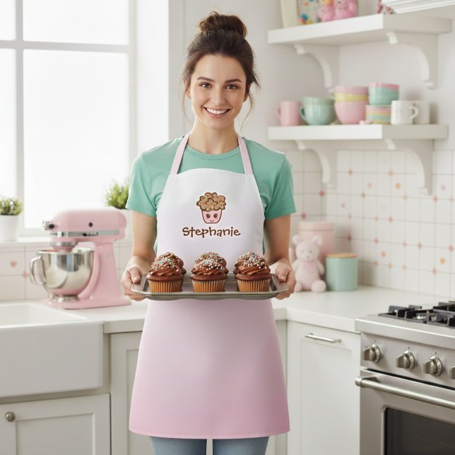 Adorable Kawaii Cupcake w/ Name Pink Kitchen Apron (Cute custom name kitchen apron in pink with a kawaii cupcake illustration.)