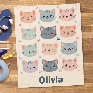 Adorable Kawaii Kitten Faces Fleece Blanket