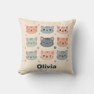 Adorable Kawaii Kitten Faces Throw Pillow