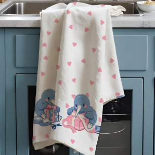 Adorable kawaii Kiwi love bird Valentine Cute Pink Kitchen Towel