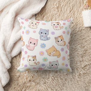 Adorable Kawaii Pastel Kitten and Floral Pattern  Throw Pillow