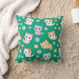 Adorable Kawaii Pastel Kitten and Floral Pattern Throw Pillow