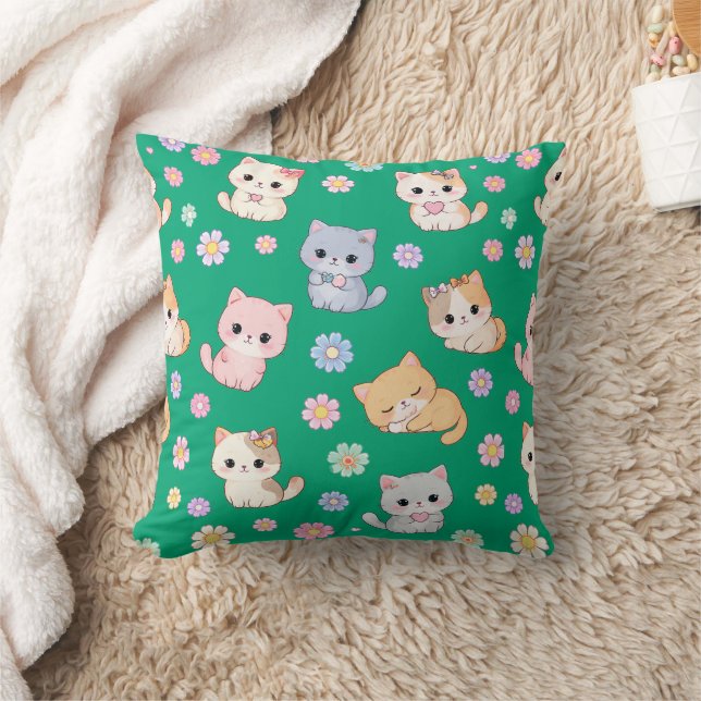 Adorable Kawaii Pastel Kitten and Floral Pattern  Throw Pillow (Blanket)