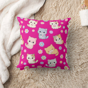 Adorable Kawaii Pastel Kitten and Floral Pattern Throw Pillow