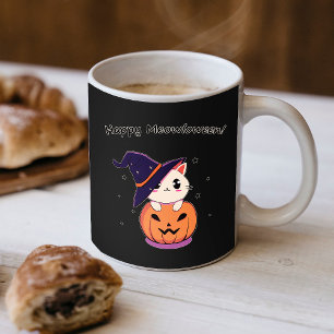 Adorable Kawaii Witch Cat in Halloween Pumpkin Coffee Mug